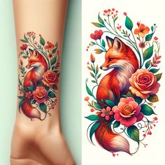 an artistic tattoo design featuring a fox and flowers