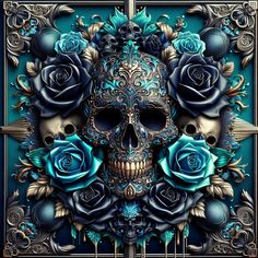 a blue skull with roses on it's face and an ornate frame around it