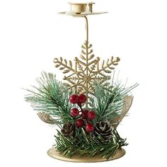 a candle holder with pine cones and berries