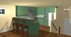 a kitchen with green cabinets and stools next to a stove top oven on a wooden floor