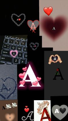 the collage has hearts, letters and symbols on it as well as a keyboard