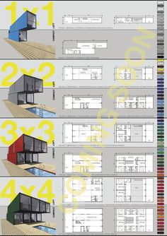 four different types of shipping containers with numbers on the side and three pictures of them