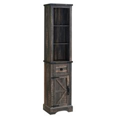 a tall wooden cabinet with an open door on one side and a drawer on the other