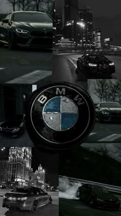 black and white photo collage with cars in the city at night, from top to bottom