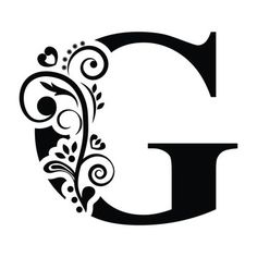 the letter g is decorated with flowers and swirls in black on a white background