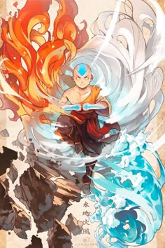 an anime character with orange hair sitting on top of a wave in front of the ocean