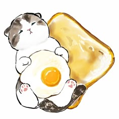 a drawing of a cat with an egg in it's lap next to a piece of bread