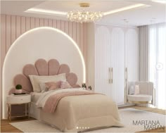 a bed room with a neatly made bed and a chandelier