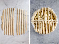 two pictures side by side, one with an apple pie crust and the other with sliced apples