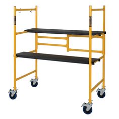 a three tiered shelf with wheels on each side