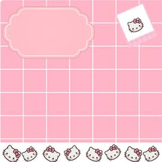 a pink tiled bathroom with hello kitty wallpaper and floor tiles in the shape of squares