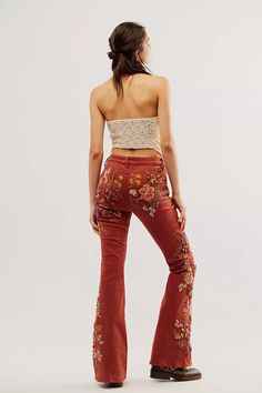 Driftwood Farrah Embroidered Flare Jeans | Free People Unique Rave Outfits, All Jeans, Red Fits, Embroidered Jeans, Vintage Inspired Design, Rave Outfits, Pocket Design, Boho Outfits, Floral Embroidery