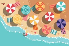 colorful beach umbrellas and starfish on the sand near the ocean - miscellaneous illustrations