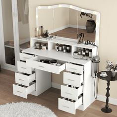 Makeup Vanity Desk with Large Mirror & LED Lights, 9 Drawers White Vanity Table with Power Outlets, Dressing Table with 3 Cubby for Bedroom, Modern Makeup Vanity for Women, Girls (White) Makeup Station In Bedroom, Dressing Table Inspo, Big Vanity, Modern Vanities, White Vanity Table, Makeup Vanity Desk, Girls Vanity, Modern Makeup Vanity, Modern Makeup