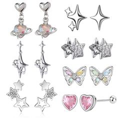 PRICES MAY VARY. [Style]: Cute dainty earrings.It is the most fashionable y2k accessories nowadays. [Silver Earrings Set]: There are various styles and varieties, which can be worn separately or freely combined according to one's own preferences. The earring set includes:star stud earrings,heart stud earrings,pink heart earrings,butterfly earrings. [Material]:Y2k silver earring set earrings are made of high-quality alloy, colorfast, nickel free, lead free and hypoallergenic. [Great Gifts]: It is Silver Earring Set, Silver Earrings Set, Y2k Earrings, Pink Heart Earrings, Accessories Aesthetic, Preppy Jewelry, Y2k Accessories, Star Stud Earrings, Aesthetic Jewelry