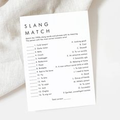 a sheet of paper with the words slang match on it next to a pillow