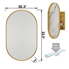 an oval mirror is shown with measurements for the frame and back side, along with a gold trim around the edge