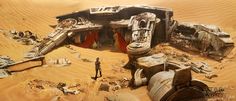 an artist's rendering of a star wars vehicle in the desert with people standing around it