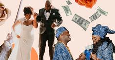 a collage of people dressed in wedding attire and money falling from the sky over them