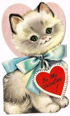 an old valentine card with a kitten holding a heart and saying, be my valentine