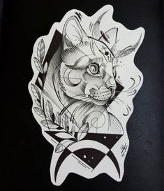 a black and white drawing of a cat with leaves on it's head, surrounded by geometric shapes