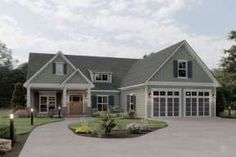 this is an artist's rendering of a house with driveway and landscaping in front