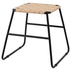 a black frame stool with a woven seat