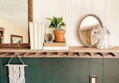 there is a shelf with books and a plant on it next to a mirror in the room