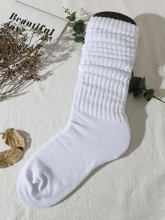 White  Collar  Fabric   Embellished   Women Socks & Hosiery Tela, White Scrunch Socks, White Slouch Socks, Scrunch Socks, Cycle Socks, Socks Aesthetic, Slouch Socks, Over The Calf Socks, Lolita Outfits