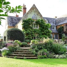 a large house with lots of plants and flowers in front of the stairs leading up to it