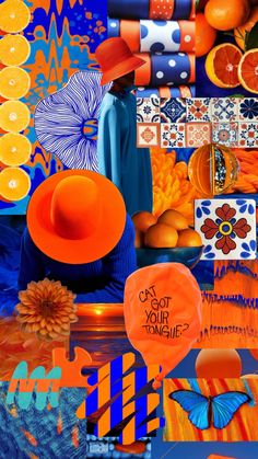 a collage of oranges, blue and white with an orange hat on it