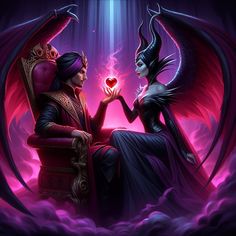 two people sitting next to each other on a chair with wings and hearts in their hands