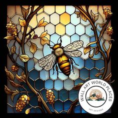 a stained glass window with a bee on it