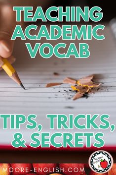 a book cover with an image of pencils and apples on it, reading teaching academic vocab tips, tricks, and secrets