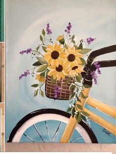 a painting of a bicycle with sunflowers in the basket and lavender flowers on it