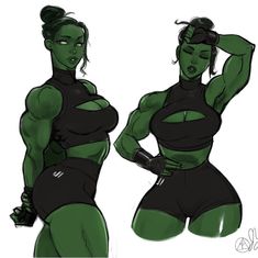 a drawing of a woman in green and black clothing with her hands on her head