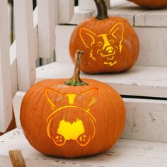 two pumpkins that have been carved to look like dogs