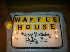 a birthday cake with candles on it that says waffle house happy birthday mighty chic