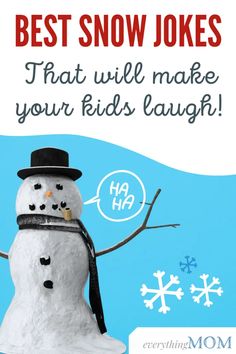 a snowman with a hat and scarf on it's head is shown in front of the words best snow jokes that will make your kids laugh