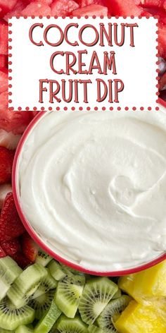 a bowl of fruit dip surrounded by sliced kiwis, strawberries and watermelon