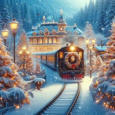 a train traveling through a snowy forest filled with christmas trees and lit up street lights