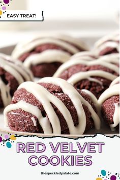 red velvet cookies with white icing are on a plate and the title says easy treat