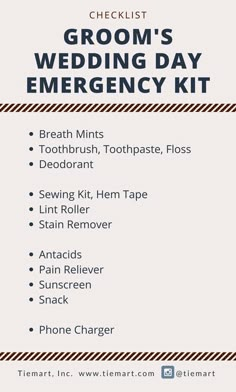 the groom's wedding day emergency kit is shown in white and black with text