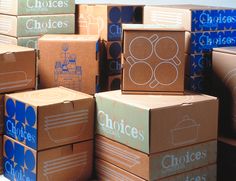 several boxes stacked on top of each other with the words choices written in blue and white