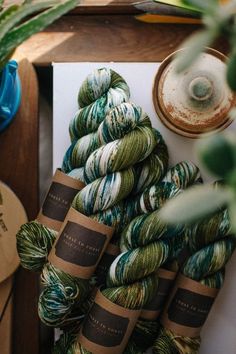 several skeins of yarn sitting on top of a table next to a potted plant