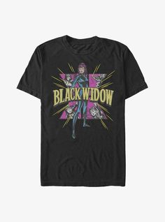 a black widow t - shirt with an image of a woman in the background and text that