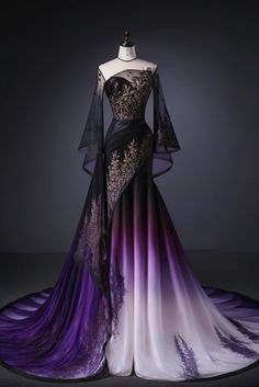 Black And Color Wedding Dress, Dark Fantasy Gown, Purple Fantasy Dress, Dresses Wallpaper, Iphone Wallpaper 4k, In Disbelief, Dress Design Sketches, Fashion Illustration Dresses