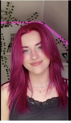 Metallic Pink Hair, Dark Hot Pink Hair, Dark Pink Hair Color Ideas, Magenta Hair Aesthetic, Dark Pink Hair Aesthetic, Pink Hair With Shadow Root, Red Pink Hair Color, Hot Pink Short Hair, Dark Pink Hair Color