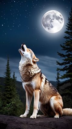 a wolf sitting on top of a rock looking up at the sky with a full moon in the background