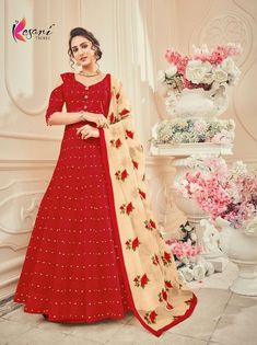 #red  #silk #anarkali #salwarkameez | silk jacquard fabric | heavy embroidey | heavy dual santoon | heavy net with embroidered work dupatta | occasional wear | Red Anarkali, Red Floor